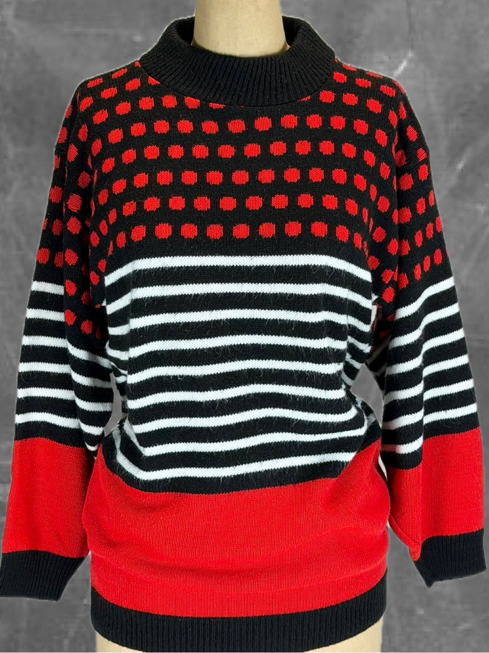 VINTAGE 80s polka dot stripe ladybug knit funky bold sweater red black